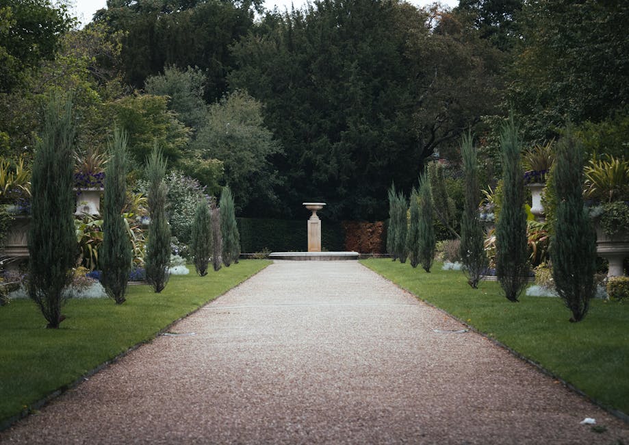A straight gravel pathway flanked by neatly trimmed green lawns leads through a well-maintained garden. Tall, slender cypress trees line both sides of the path, evenly spaced, creating a symmetrical a